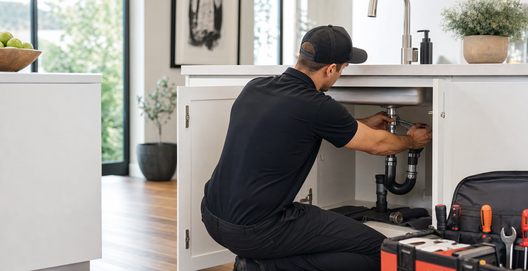 Professional plumber repairing kitchen sink plumbing